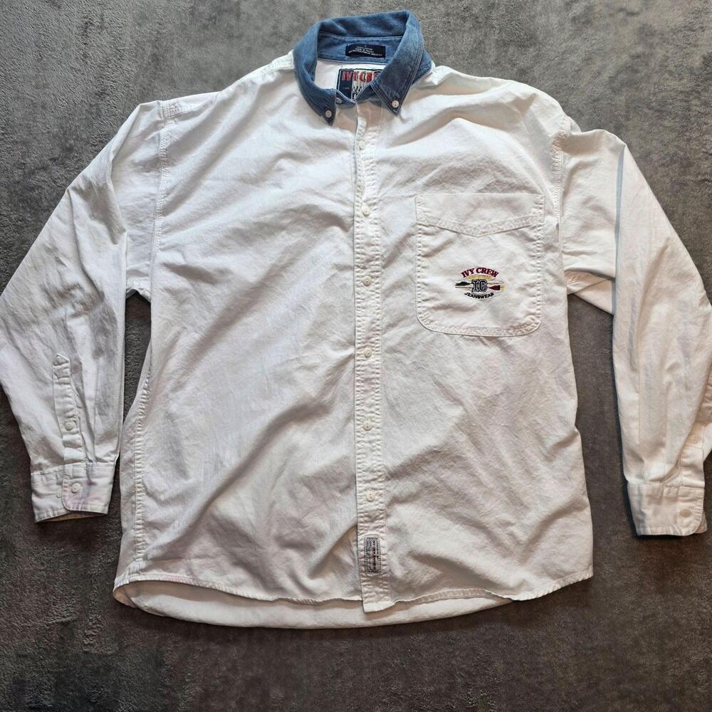 Ivy Crew Vintage Button Up Shirt Mens L White Twill Long Sleeve Denim Collar